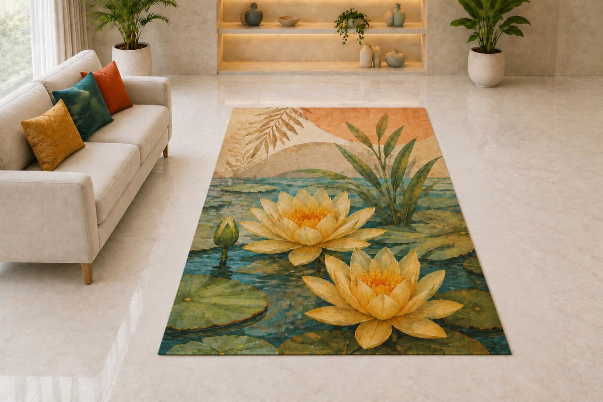 ICE ARMOR "Ultra Light Weight 5' x 7' Lotus Pond Area Rug for Living Room, Bedroom and Home Office, Soft Low Pile Carpet with Non-Slip Silicone Backing, Green and Golden Color