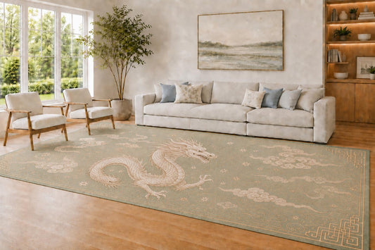 ICE ARMOR Large 6'7" x 9'10" Sage and Blush Peony Dragon Area Rug for Living Room, Soft Low Pile Carpet with Non-Slip Silicone Backing, Decor for Bedroom and Home Office