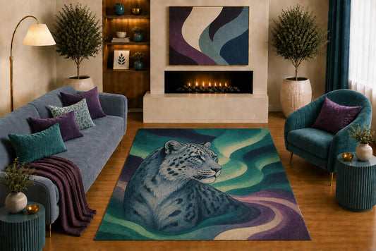 ICE ARMOR "Ultra Light Weight 5' x 7' Snow Leopard Area Rug Modern Wildlife Portrait Art in Teal Blue Purple for Living Room Bedroom Office Decor Non-Slip Silicone Backing Low Pile
