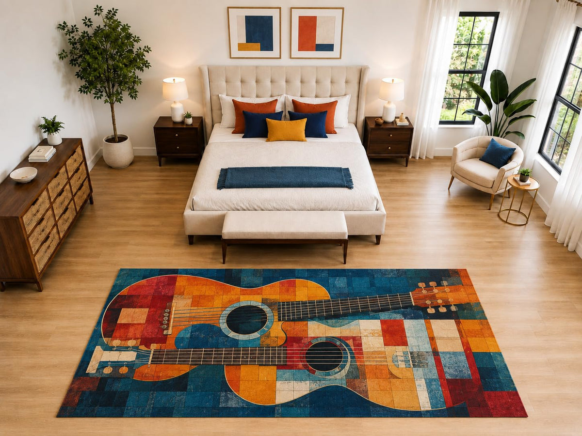ICE ARMOR "Ultra Light Weight Large 6'7" x 9'10" Acoustic Guitar Art Rug, Soft Low Pile Indoor Rug, Non-Slip Silicone Backing for Bedroom Blue Orange