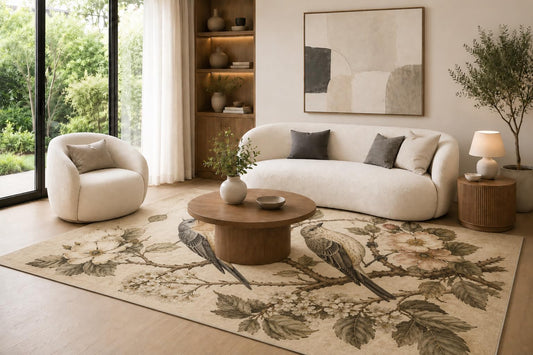 ICE ARMOR 6'7" x 9'10" Sepia, Cream and Taupe Vintage Bird Blossom Area Rug for Living Room, Soft Low Pile Carpet with Non-Slip Backing for Bedroom, Dining Room and Home Office