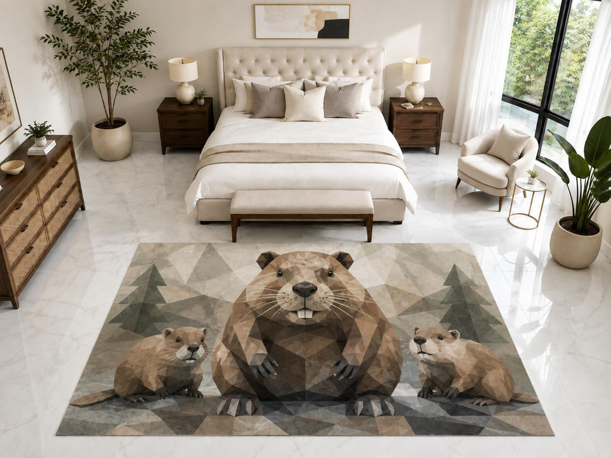 ICE ARMOR "Ultra Light Weight Large 6'7" x 9'10" Beaver Family Rug, Soft Low Pile Indoor Rug, Non-Slip Silicone Backing for Kids Room Brown Gray
