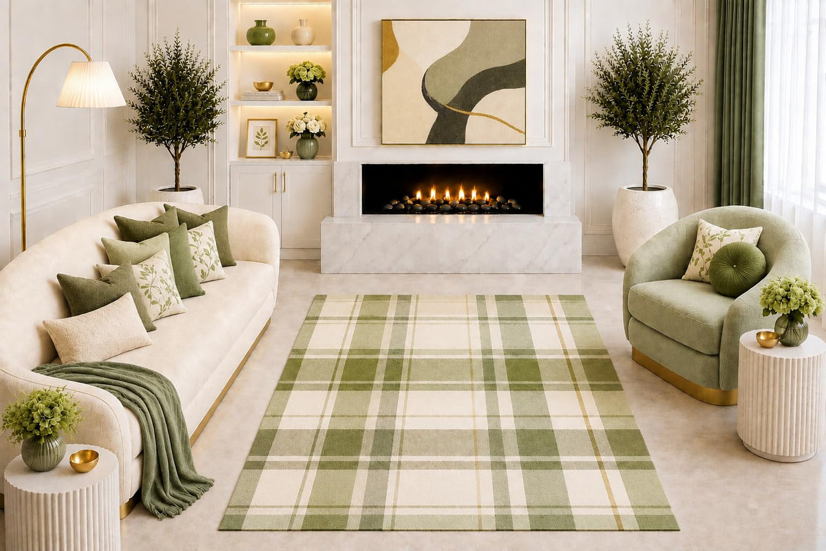 ICE ARMOR "Ultra Light Weight 5' x 7' Sage Green Plaid Area Rug Modern Farmhouse Checkered Pattern Living Room Bedroom Dining Room Non-Slip Silicone Backing Low Pile