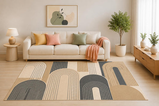ICE ARMOR 5' x 7' Modern Geometric Area Rug, Neutral Beige Gray Rounded Line Pattern for Living Room Bedroom Office, Non-Slip Silicone Backing, Low Pile Carpet