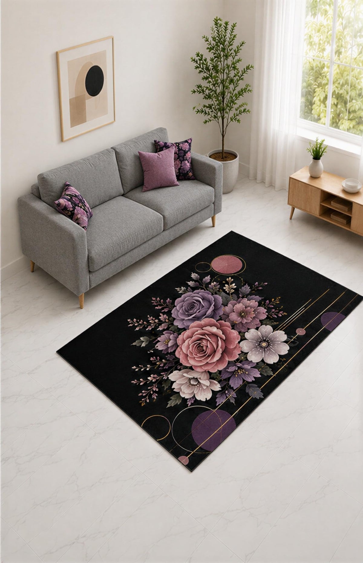 ICE ARMOR "Ultra Lightweight 5' x 7' Black and Plum Rose Medallion Area Rug for Living Room, Bedroom and Home Office, Soft Low Pile Carpet with Non-Slip Silicone Backing
