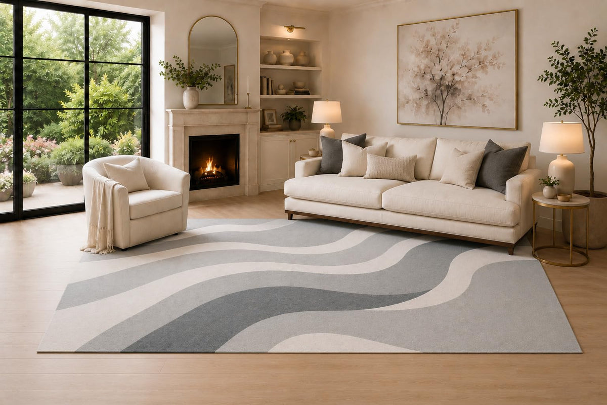 ICE ARMOR Large 6'7" x 9'10" Gray, Charcoal and Ivory Soft Flowing Waves Area Rug for Living Room, Soft Low Pile Carpet with Non-Slip Backing, Floor Decor for Bedroom, Dining Room and Home Office