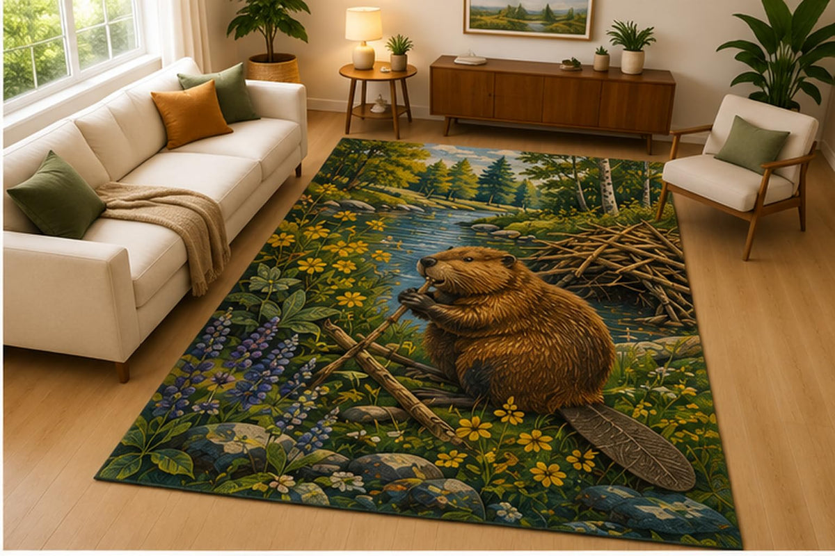 ICE ARMOR 5' x 7' Beaver River Woodland Area Rug Soft Low Pile Indoor Rug with Non Slip Silicone Backing Nature Animal Decor Carpet for Living Room Bedroom Family Room Kids and Pets Green