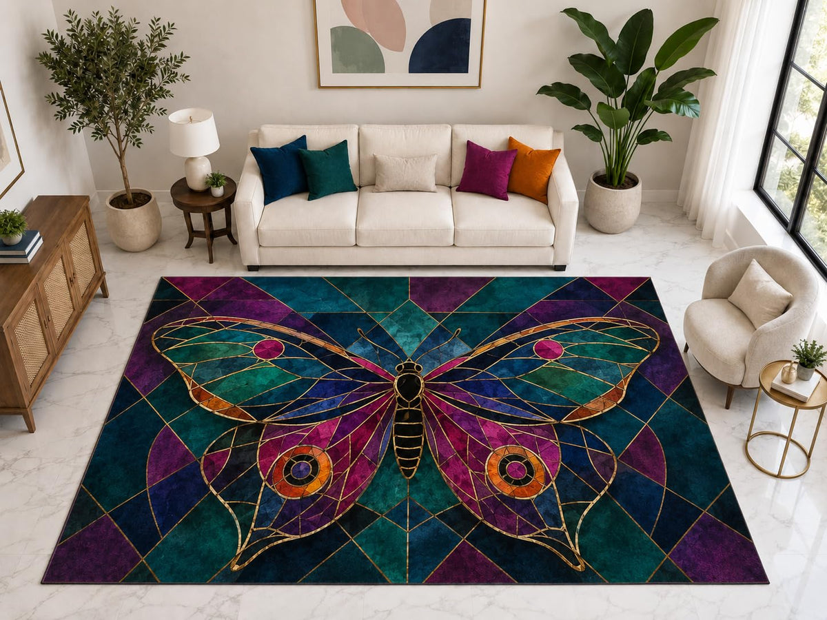 ICE ARMOR "Ultra Light Weight Large 6'7" x 9'10" Geometric Moth Rug, Soft Low Pile Indoor Rug, Non-Slip Silicone Backing for Living Room Teal