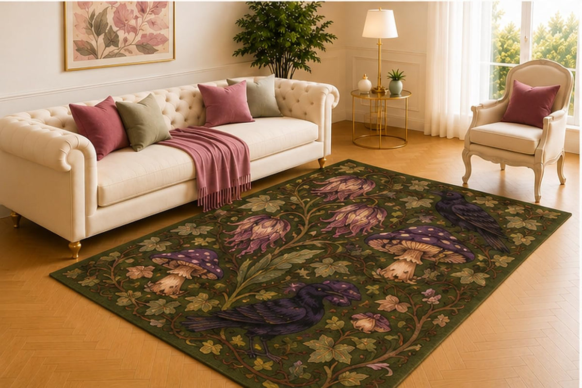 ICE ARMOR 5' x 7' Pumpkin Rose Moon Rug, Cream Botanical Pattern with Bats, Jack O Lanterns and Climbing Vines, Seasonal Floor Decor for Living Room, Bedroom or Entryway