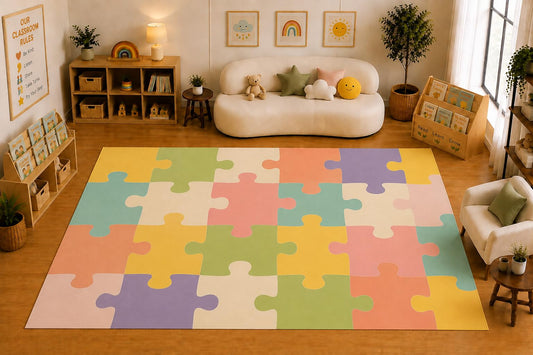 ICE ARMOR Large 6'7" x 9'10" Colorful Puzzle Pieces Area Rug for for Kids Room, Classroom, Bedroom, Playroom Decor, Soft Low Pile Indoor Rug with Non-Slip Silicone Backing, Pastel Multicolor