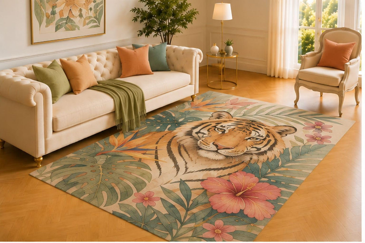 ICE ARMOR 5' x 7' Elegant White Swan Area Rug for Living Room,Soft Low Pile Indoor Rug with Non-Slip Silicone Backing,Decorative Carpet for Bedroom,Dining Room,Office,Beige