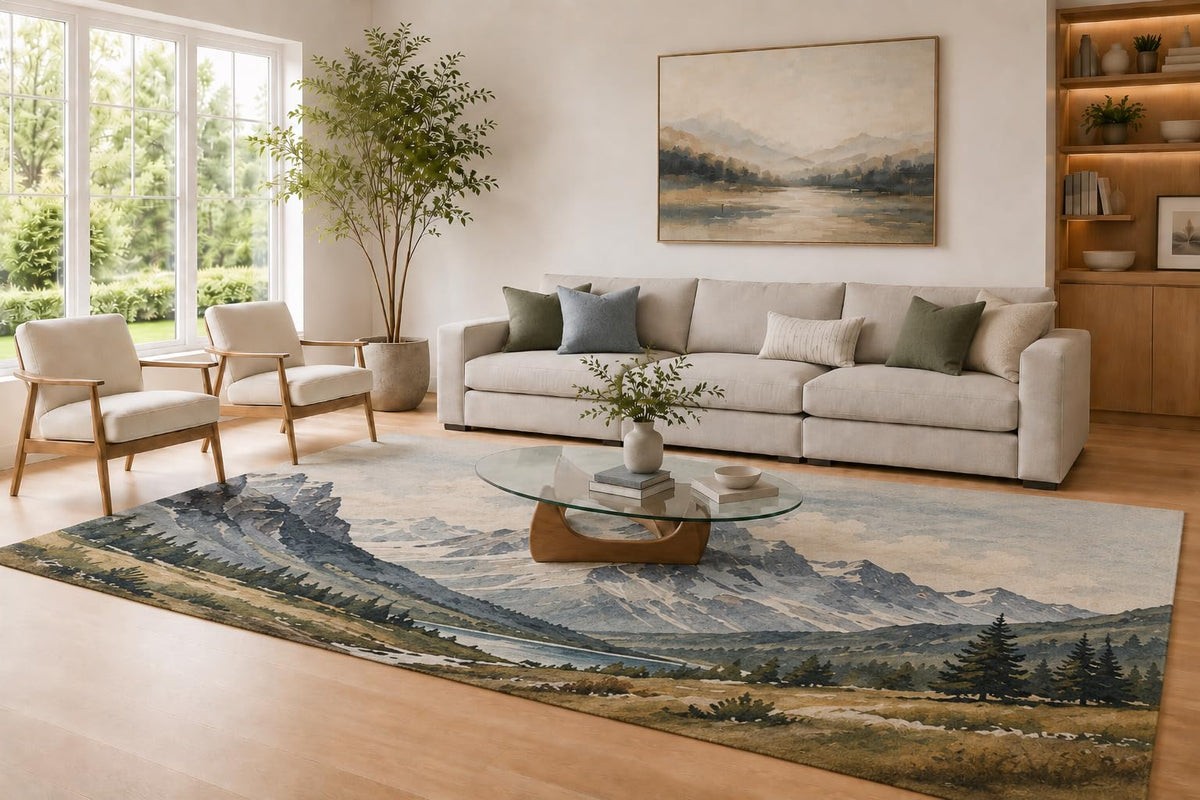 ICE ARMOR Large 6'7" x 9'10" Slate Blue and Beige Alpine Valley Area Rug for Living Room, Soft Low Pile Carpet with Non-Slip Silicone Backing, Decor for Bedroom and Home Office