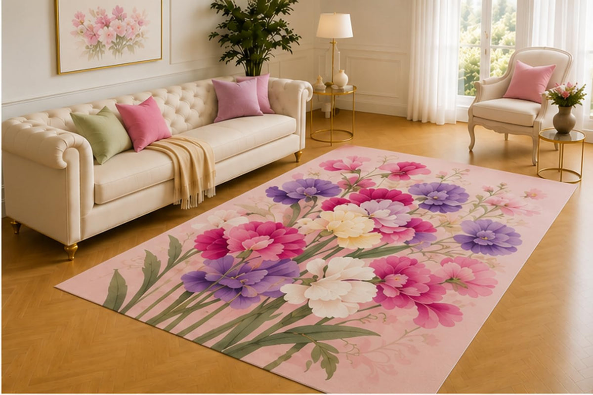 ICE ARMOR 5' x 7' Pastel Bouquet Rug, Layered Pink, Purple, White and Cream Flowers on Soft Rose, Romantic Accent for Bedroom, Dressing Room or Guest Suite
