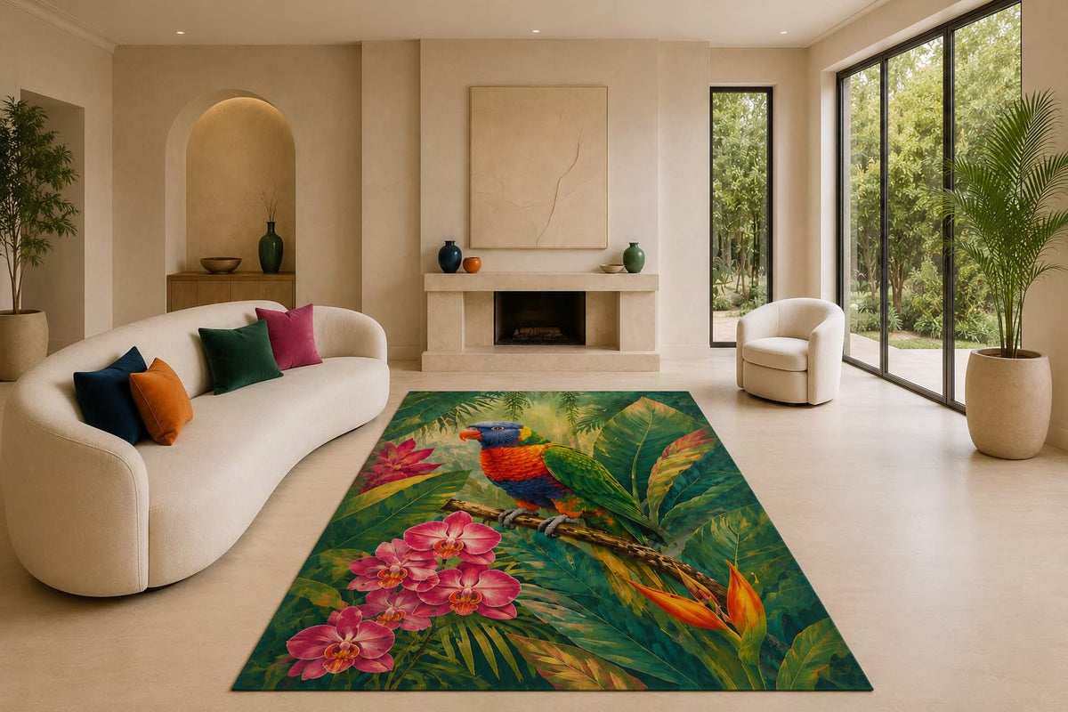 ICE ARMOR "Ultra Lightweight Large 6'7" x 9'10" Lorikeet Orchids Area Rug for Living Room, Bedroom and Home Office, Soft Low Pile Carpet with Non-Slip Silicone Backing, Red and Green