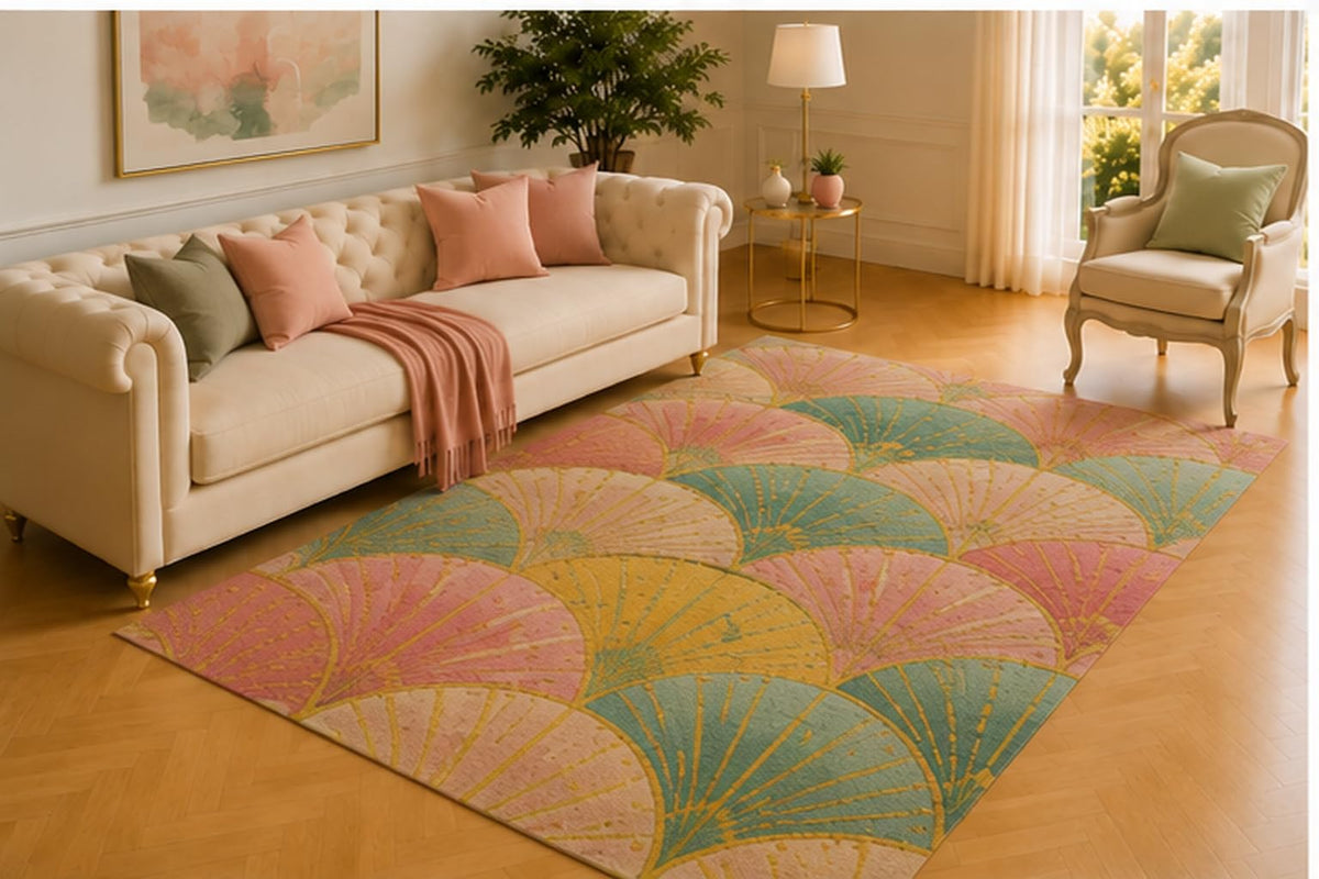 ICE ARMOR 5' x 7' Art Deco Fan Rug, Layered Scallop Pattern in Blush, Teal and Mustard Tones, Elegant Floor Decor for Bedroom, Living Room or Dressing Area
