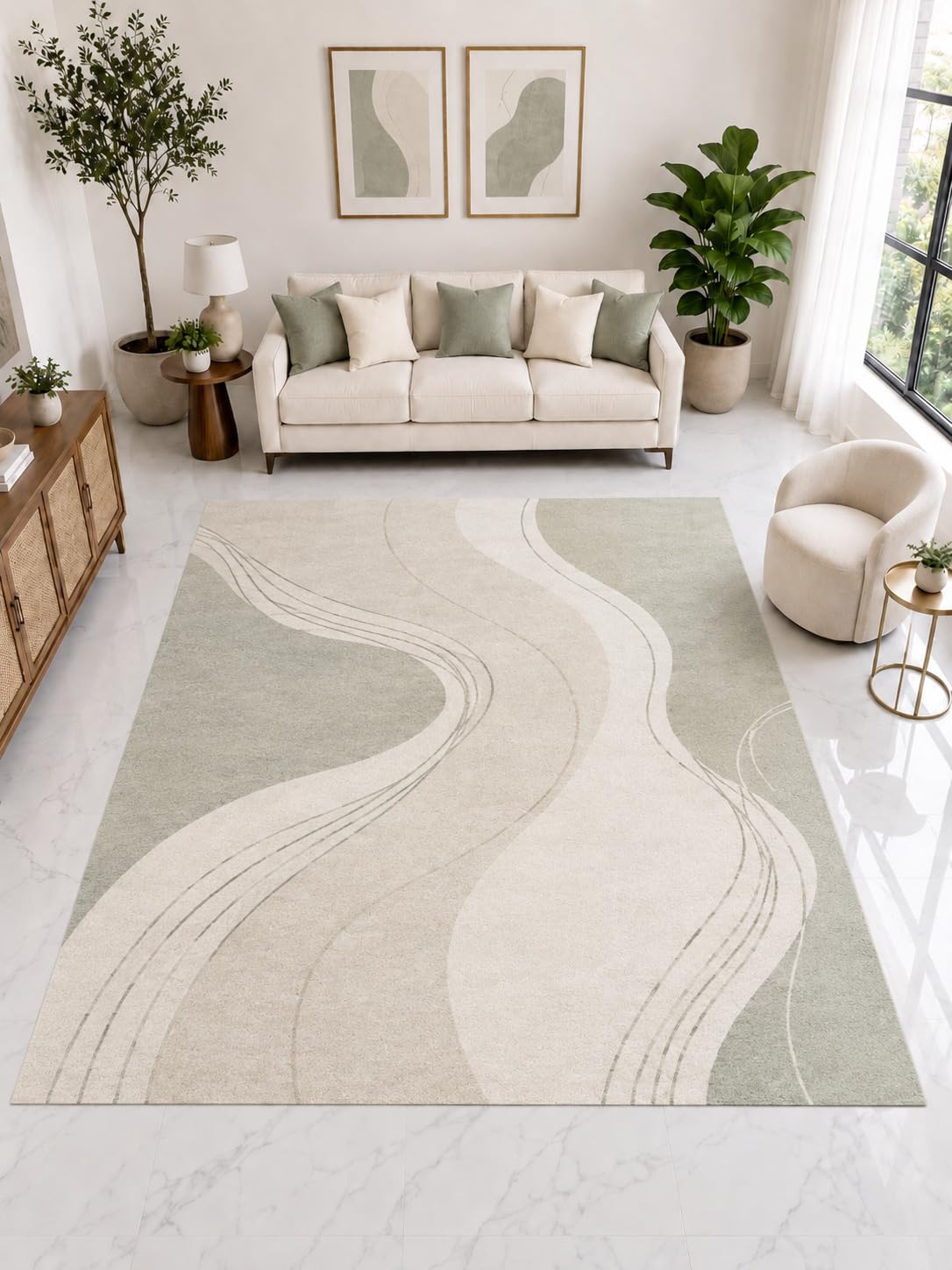 ICE ARMOR Large 6'7" x 9'10" Modern Flowing Line Area Rug, Soft Low Pile Indoor Rug with Non-Slip Silicone Backing for Living Room Bedroom, Ivory Sage