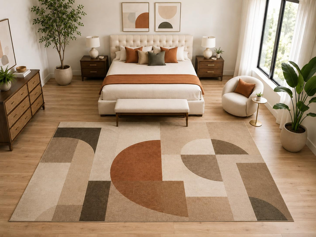 ICE ARMOR "Ultra Light Weight Large 6'7" x 9'10" Mid Century Geometric Rug, Soft Low Pile Indoor Rug, Non-Slip Silicone Backing for Bedroom Beige