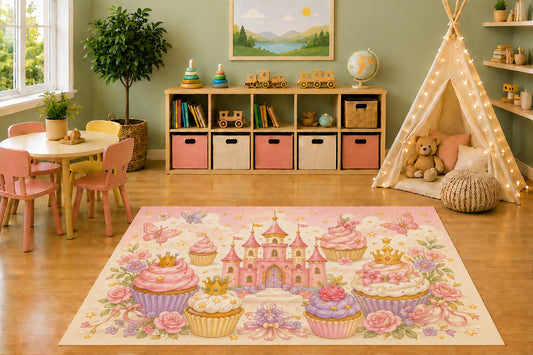 ICE ARMOR 5' x 7' Princess Castle Cupcakes Area Rug, Pastel Pink Fairy Tale Castle Floral Dessert Girls Nursery Playroom Bedroom Decor, Non-Slip Silicone Backing Low Pile