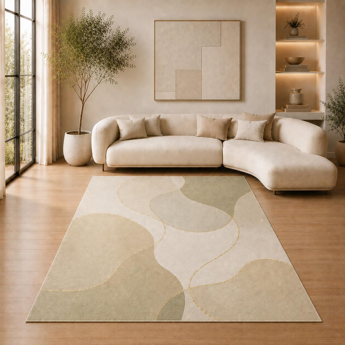 ICE ARMOR 5' x 7' Abstract Curved Shapes Area Rug for Living Room, Soft Low Pile Indoor Rug with Non-Slip Silicone Backing, Decorative Carpet for Bedroom, Office, Family Room, Sage Green