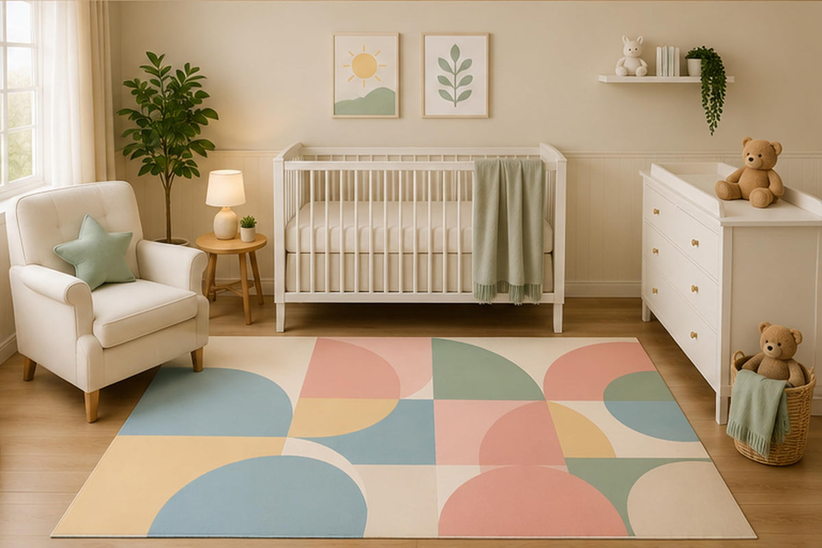ICE ARMOR 5' x 7' Modern Pastel Geometric Area Rug for Nursery Room, Scandinavian Abstract Shapes Design, Kids Bedroom Playroom Decor, Non-Slip Silicone Backing Low Pile