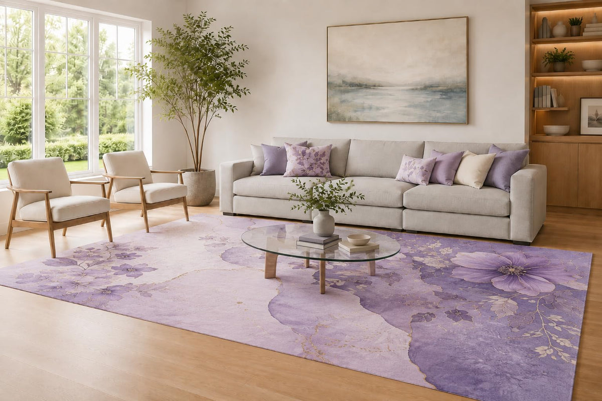 ICE ARMOR Large 6'7" x 9'10" Lavender and Ivory Floral Harmony Area Rug for Living Room, Soft Low Pile Carpet with Non-Slip Silicone Backing, Decor for Bedroom and Home Office