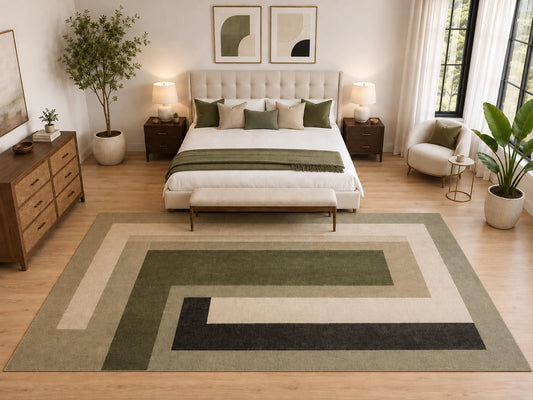 ICE ARMOR "Ultra Light Weight Large 6'7" x 9'10" Modern Geometric Border Rug, Soft Low Pile Indoor Rug, Non-Slip Silicone Backing for Bedroom Olive