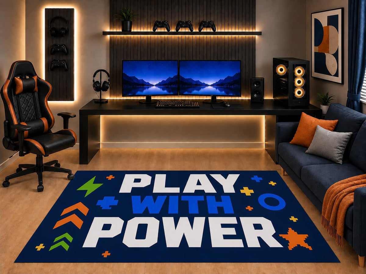 ICE ARMOR "Ultra Light Weight 5' x 7' Gamer Area Rug Play with Power Typography Arcade Gaming Art for Boys Bedroom Game Room Non-Slip Silicone Backing Low Pile