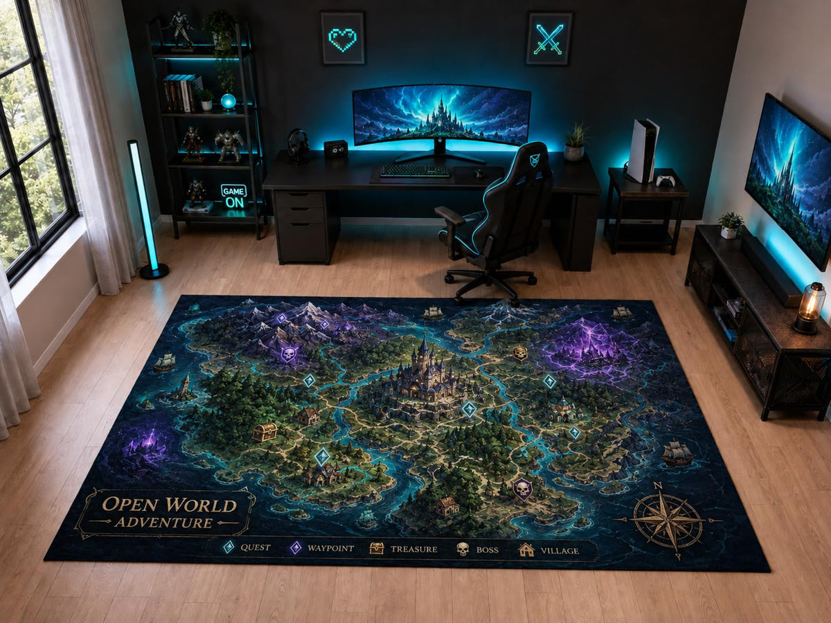 ICE ARMOR "Ultra Light Weight Large 6'7" x 9'10" Adventure World Map Area Rug for Kids Room Playroom, Soft Low Pile Indoor Rug and Non-Slip Silicone Backing, Navy Blue