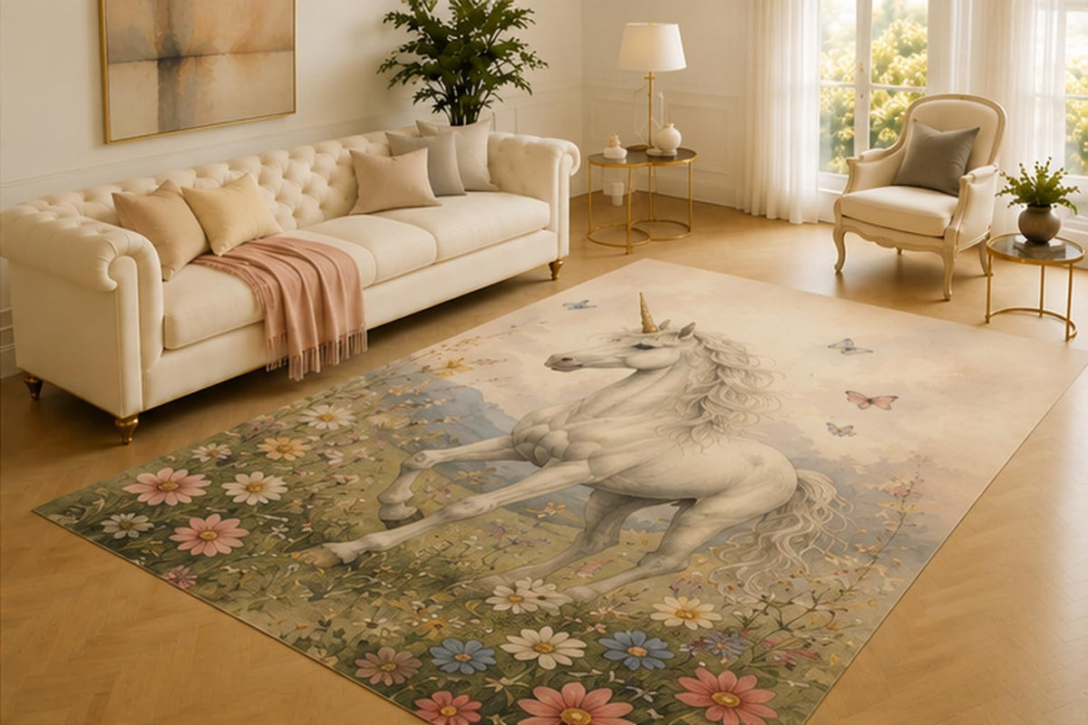 ICE ARMOR 5' x 7' Unicorn Rug, White Magical Horse Running Through a Flower Meadow with Butterflies, Soft Floor Cover for Bedroom, Nursery, Playroom and Fantasy Decor