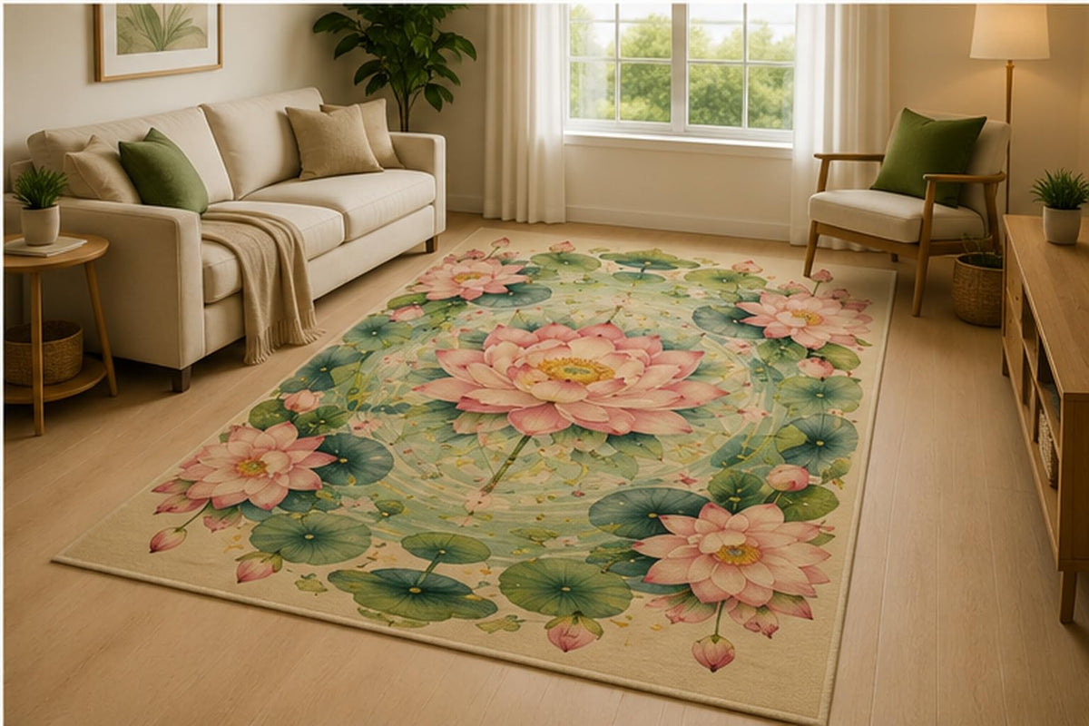 ICE ARMOR 5' x 7' Lotus Blossom Mandala Area Rug for Living Room, Soft Low Pile Indoor Rug with Non-Slip Silicone Backing, Bedroom, Playroom, Kids & Pets, Green Pink