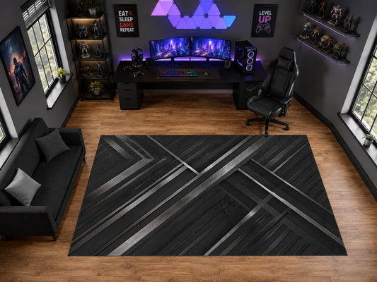ICE ARMOR "Ultra Light Weight Large 6'7" x 9'10" Metallic Diagonal Line Pattern Area Rug for Playroom Decor, Soft Low Pile Indoor Rug with Non-Slip Silicone Backing, Black Gray