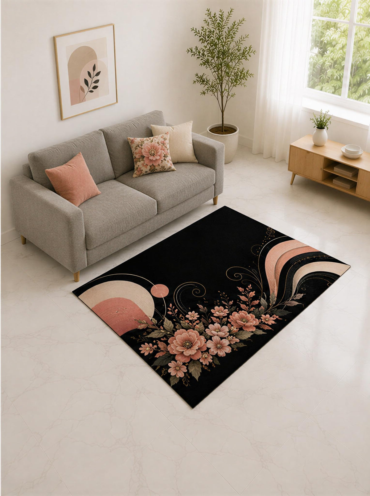 ICE ARMOR "Ultra Lightweight 5' x 7' Peach and Black Floral Arc Area Rug for Living Room, Bedroom and Home Office, Soft Low Pile Carpet with Non-Slip Silicone Backing
