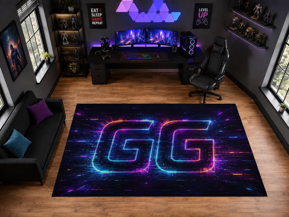 ICE ARMOR "Ultra Light Weight Large 6'7" x 9'10" GG Neon Glitch Gaming Area Rug for Playroom Decor, Soft Low Pile Indoor Rug with Non-Slip Silicone Backing, Black Blue Purple Pink