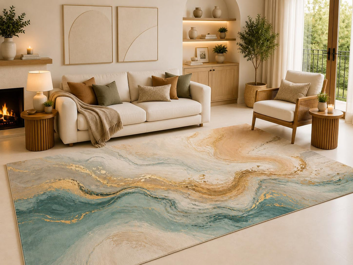 ICE ARMOR 6'7" x 9'10" Teal Cream Marble Waves Area Rug for Living Room, Soft Low Pile Carpet with Non-Slip Silicone Backing, for Bedroom, Dining Area and Office, Teal, Made for Spacious Rooms