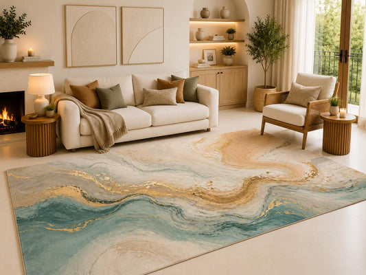 ICE ARMOR 6'7" x 9'10" Teal Cream Marble Waves Area Rug for Living Room, Soft Low Pile Carpet with Non-Slip Silicone Backing, for Bedroom, Dining Area and Office, Teal, Made for Spacious Rooms