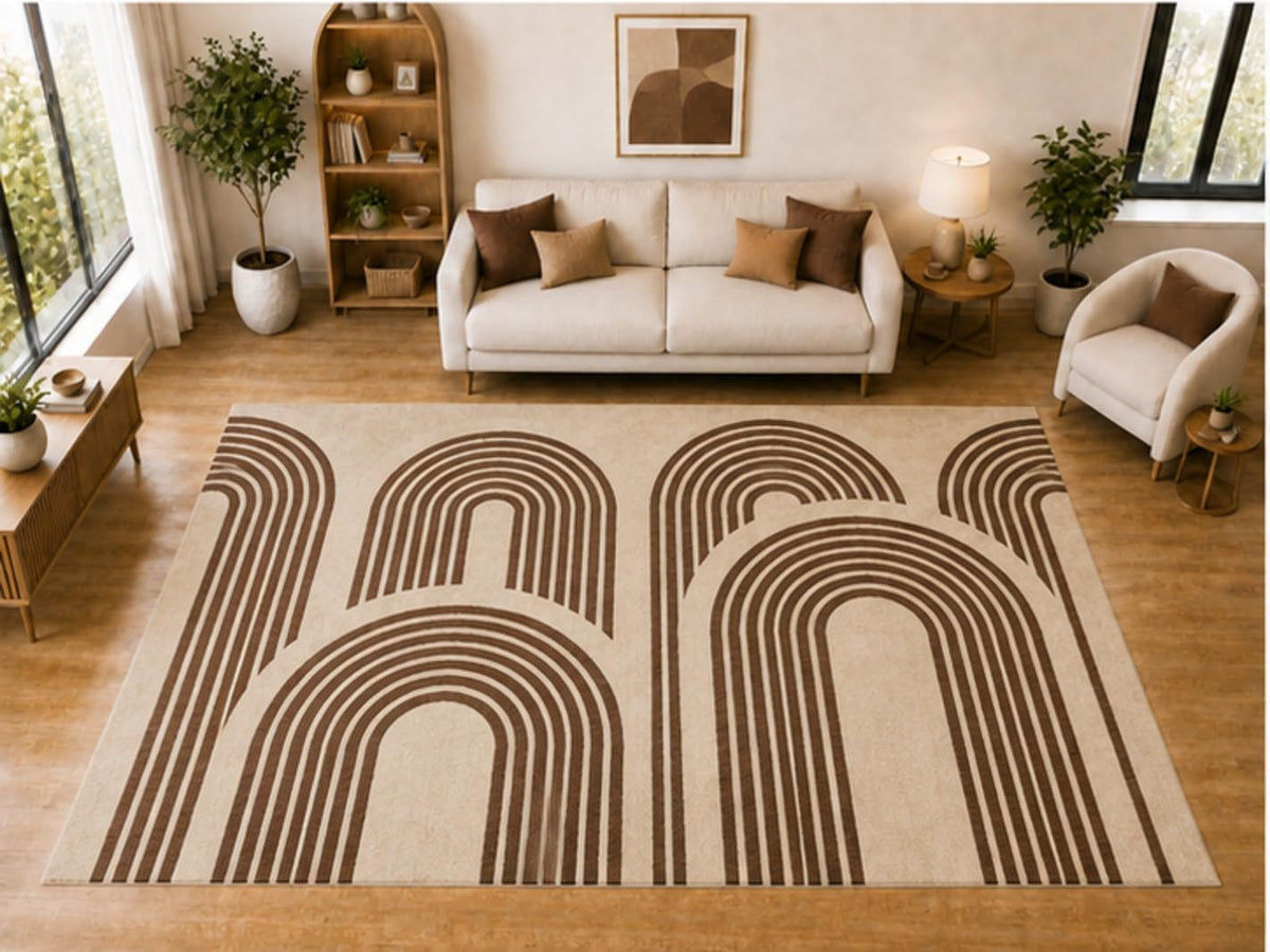 ICE ARMOR "Ultra Light Weight Large 6'7 x 9'10 Brown Layered Arch Pattern Area Rug for Living Room Bedroom Dining Room Soft Low Pile Indoor Carpet Modern Geometric Floor Decor