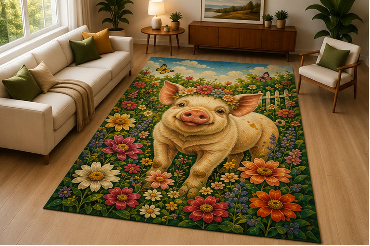 ICE ARMOR 5' x 7' Happy Pig Flower Garden Area Rug Soft Low Pile Indoor Rug with Non Slip Silicone Backing Farm Animal Decor Carpet for Living Room Bedroom Nursery Kids, Playroom Kids & Pets Green