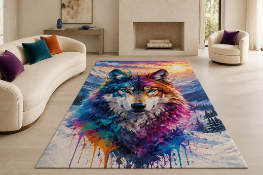 ICE ARMOR "Ultra Lightweight Large 6'7" x 9'10" Sunset Wolf Splash Area Rug for Living Room, Bedroom and Home Office, Soft Low Pile Carpet with Non-Slip Silicone Backing, Purple and Orange