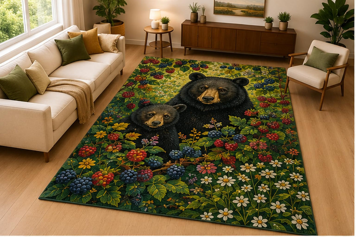 ICE ARMOR 5' x 7' Bear Berry Forest Area Rug Soft Low Pile Indoor Rug with Non Slip Silicone Backing Woodland Animal Decor Carpet for Living Room Bedroom Family Room Kids and Pets Green