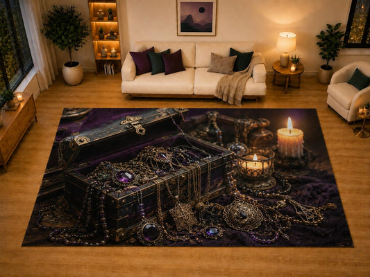 ICE ARMOR "Ultra Light Weight Large 6'7" x 9'10" Gothic Jewelry Treasure Chest Area Rug for Living Room Bedroom Dining Area, Soft Low Pile Non-Slip Backing, Purple Black Victorian Decor