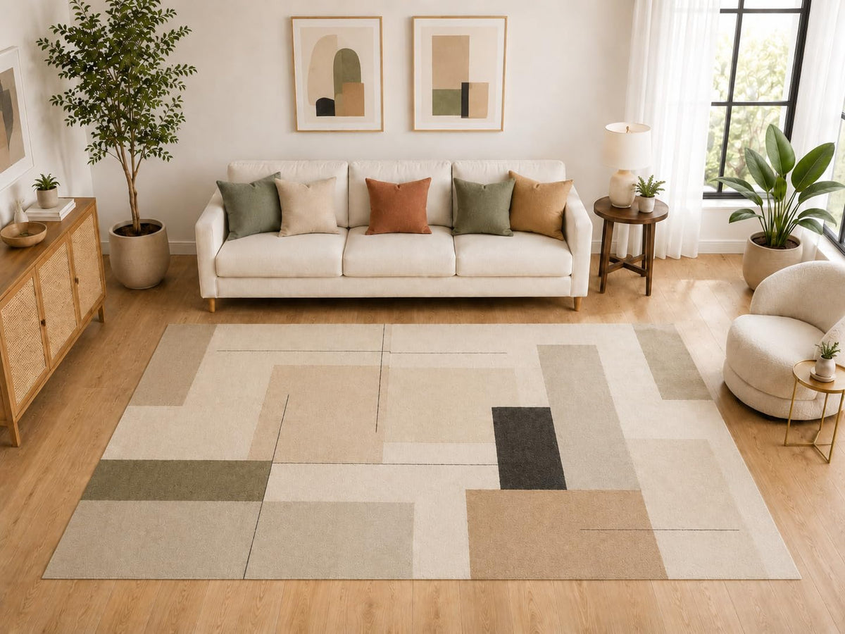 ICE ARMOR "Ultra Light Weight Large 6'7" x 9'10" Minimalist Geometric Area Rug, Soft Low Pile Indoor Rug and Non-Slip Silicone Backing for Living Room Office, Beige