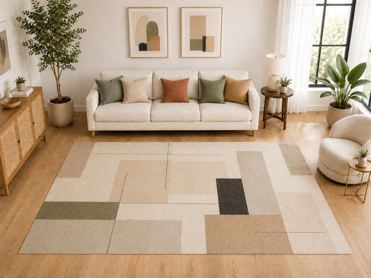 ICE ARMOR "Ultra Light Weight Large 6'7" x 9'10" Minimalist Geometric Area Rug, Soft Low Pile Indoor Rug and Non-Slip Silicone Backing for Living Room Office, Beige