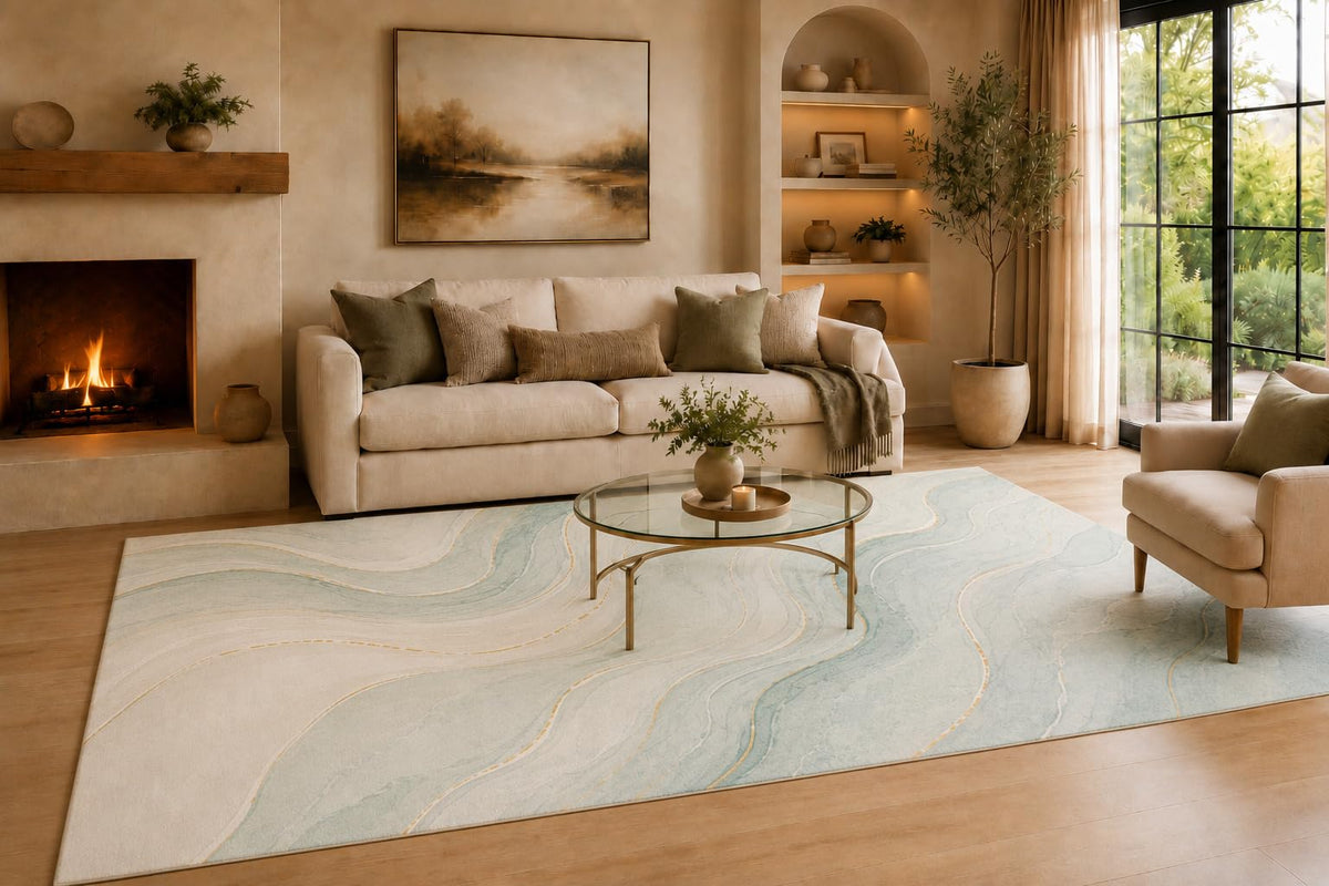 ICE ARMOR Large 6'7" x 9'10" Aqua and Cream Gentle Marble Currents Area Rug for Living Room, Soft Low Pile Carpet with Non-Slip Backing for Bedroom, Dining Room and Office