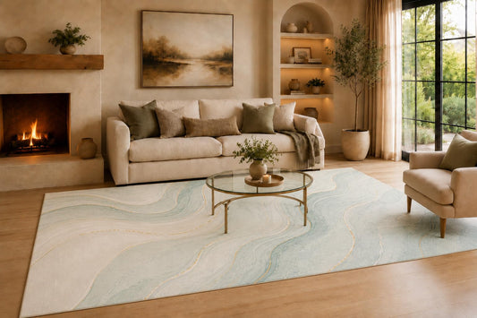 ICE ARMOR Large 6'7" x 9'10" Aqua and Cream Gentle Marble Currents Area Rug for Living Room, Soft Low Pile Carpet with Non-Slip Backing for Bedroom, Dining Room and Office