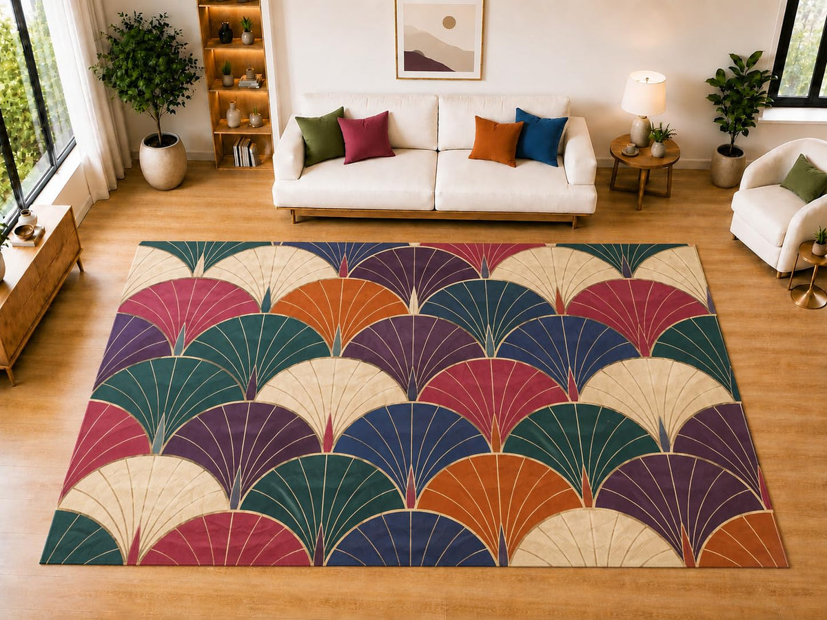 ICE ARMOR "Ultra Light Weight Large 6'7" x 9'10" Fan Pattern Area Rug for Living Room Bedroom Dining Room, Soft Low Pile Non-Slip Backing, Teal Burgundy Orange Cream Retro Geometric Decor