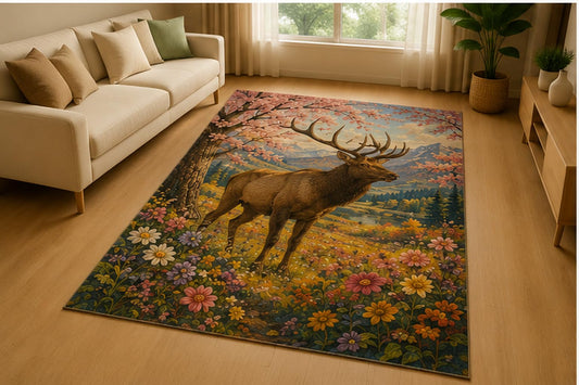 ICE ARMOR 5' x 7' Elk Cherry Blossom Meadow Area Rug for Living Room, Soft Low Pile Indoor Rug with Non-Slip Silicone Backing, Woodland Nature Decor for Bedroom, Office, Family Room, Brown Multicolor