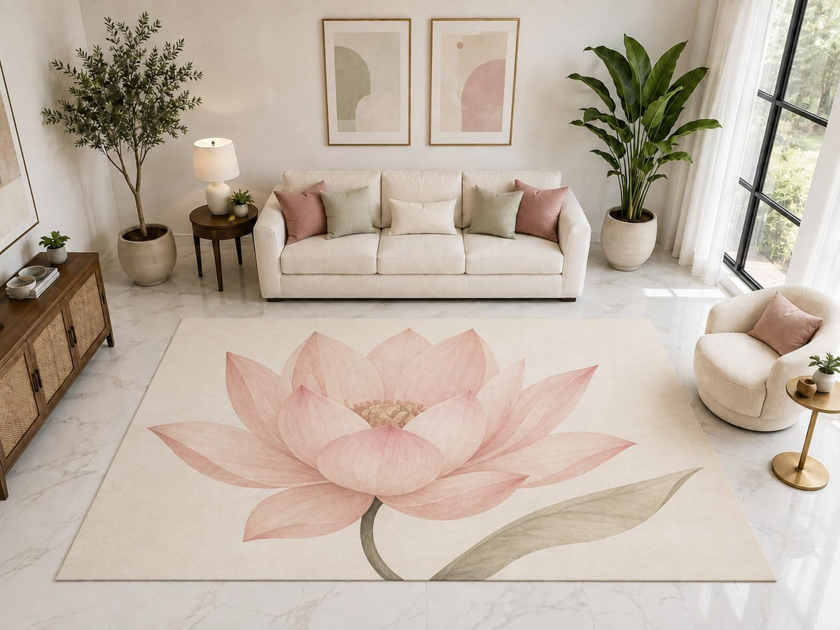 ICE ARMOR "Ultra Light Weight Large 6'7" x 9'10" Pink Lotus Floral Rug, Soft Low Pile Indoor Rug, Non-Slip Silicone Backing for Living Room Pink