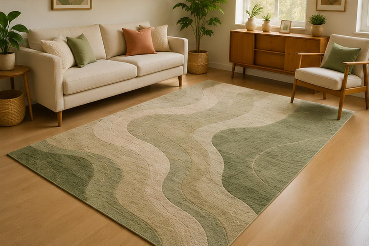 ICE ARMOR 5' x 7' Organic Sage Wave Area Rug for Living Room, Soft Low Pile Indoor Rug with Non-Slip Silicone Backing, Contemporary Carpet for Bedroom, Dining Room, Office, Sage Green Beige