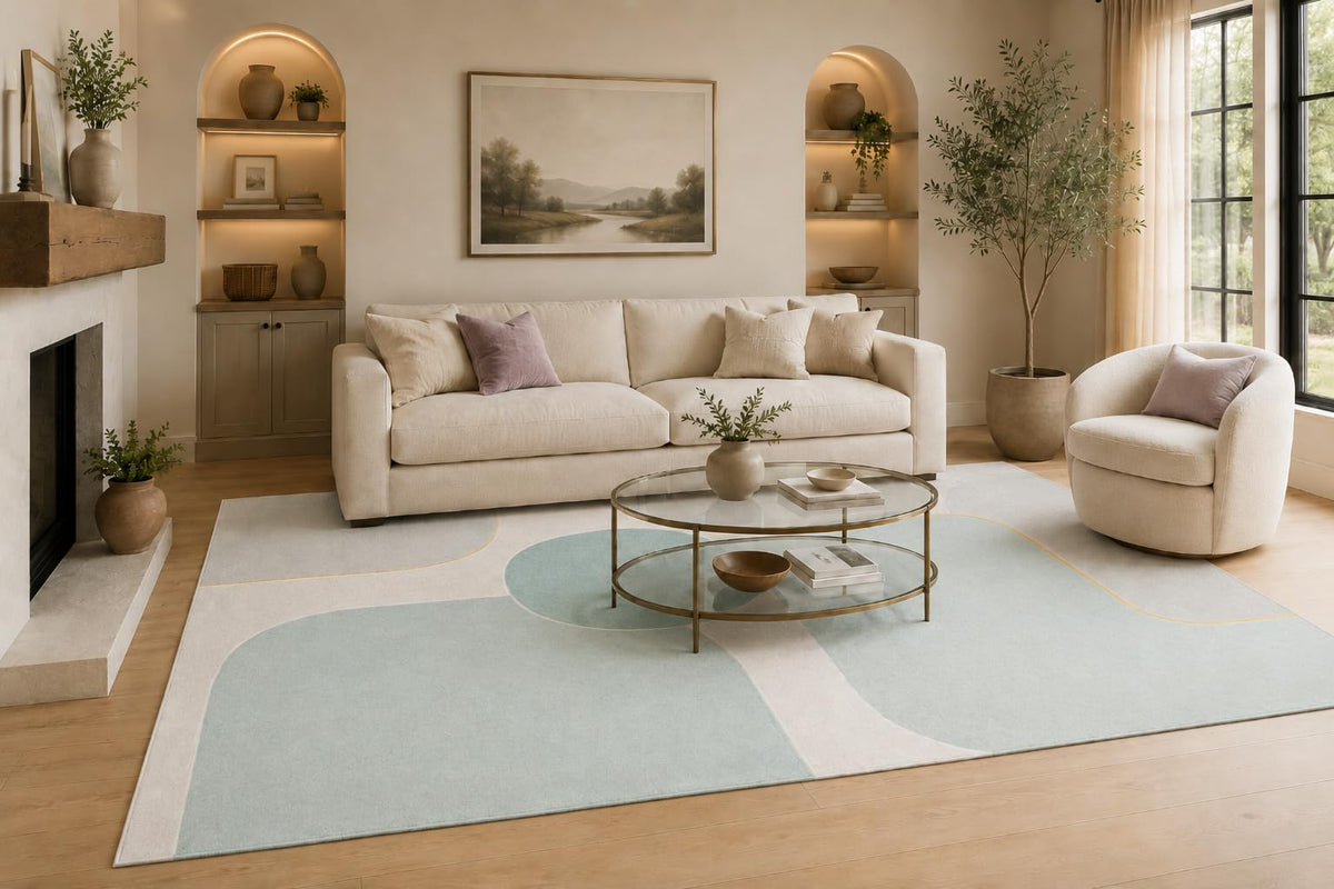 ICE ARMOR Large 6'7" x 9'10" Cream and Light Blue Curved Blocks Area Rug for Living Room, Soft Low Pile Carpet with Non-Slip Silicone Backing, Decor for Bedroom and Home Office