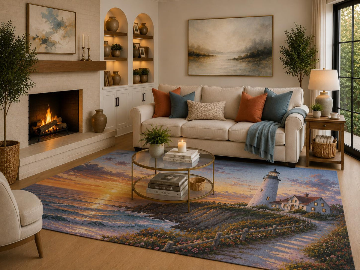ICE ARMOR 6'7" x 9'10" Navy Blue, Orange and Cream Lighthouse Sunset Area Rug for Living Room, Soft Low Pile Carpet with Non-Slip Backing for Bedroom, Dining Room and Office